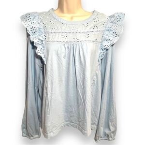 J. Crew Long Sleeve Eyelet Ruffle Top Light Blue Size XL